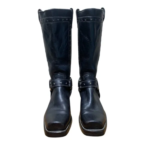 Men’s ArmorTrip Leather Embellished Square Toe Biker Boots Sz 8.5