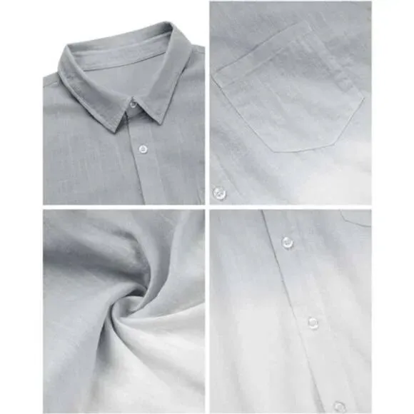 Men's Gradient Linen Shirt Casual Button Down Short Sleeve Summer Shirt, Gray