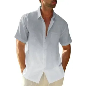 Men's Gradient Linen Shirt Casual Button Down Short Sleeve Summer Shirt, Gray
