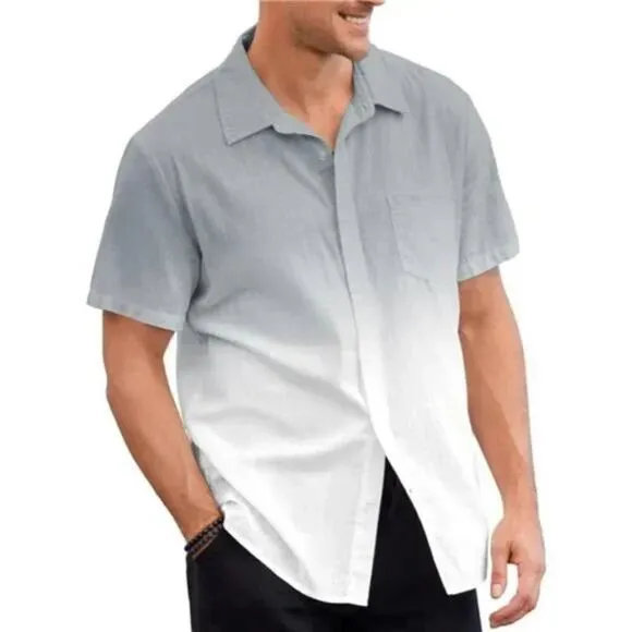 Men's Gradient Linen Shirt Casual Button Down Short Sleeve Summer Shirt, Gray