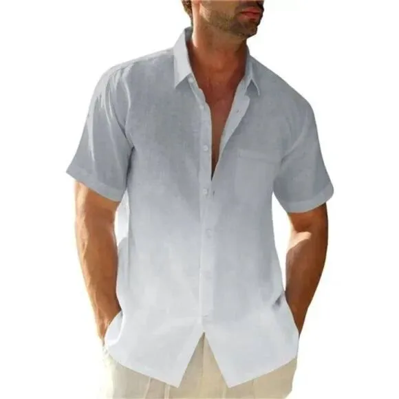 Men's Gradient Linen Shirt Casual Button Down Short Sleeve Summer Shirt, Gray