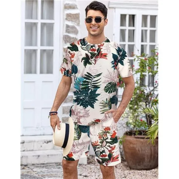 Men's Hawaiian T-Shirt Set Summer Beach Dream Garden