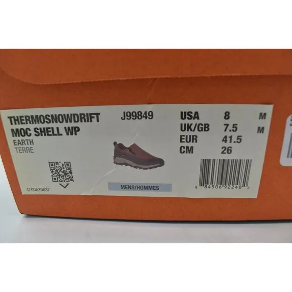 Merrell Mens Size 8 Thermo SnowDrift Moc Shell Earth Waterproof Insulated Shoes