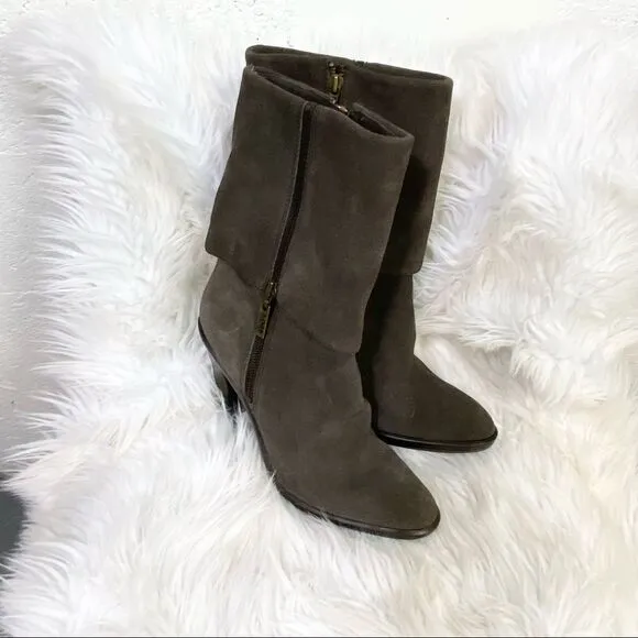 Michael Kors taupe suede leather fold over zip up heels mid calf boots 11M