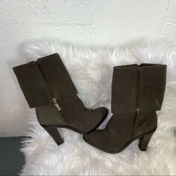 Michael Kors taupe suede leather fold over zip up heels mid calf boots 11M
