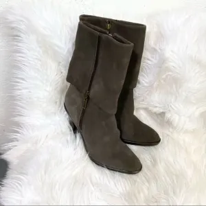 Michael Kors taupe suede leather fold over zip up heels mid calf boots 11M