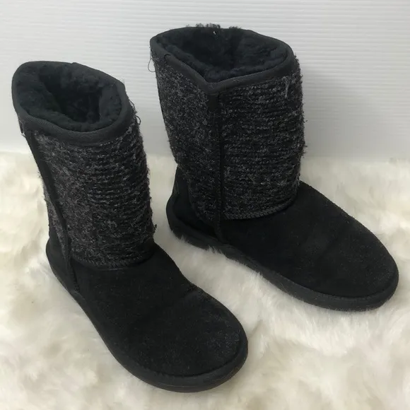 Minnetonka Black Mid-Length Leather Suede Sheepskin Boots 6
