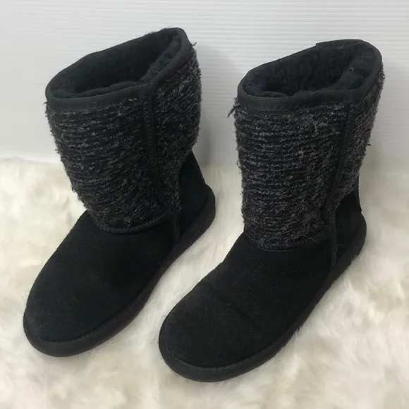 Minnetonka Black Mid-Length Leather Suede Sheepskin Boots 6