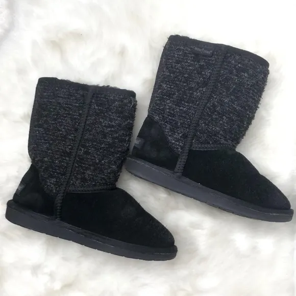 Minnetonka Black Mid-Length Leather Suede Sheepskin Boots 6
