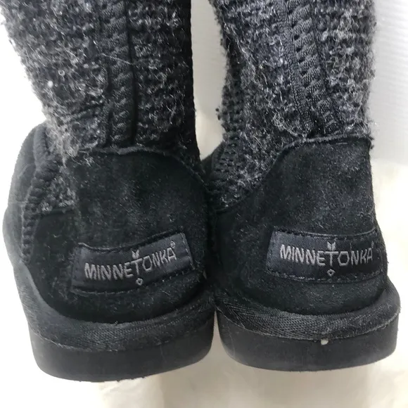 Minnetonka Black Mid-Length Leather Suede Sheepskin Boots 6