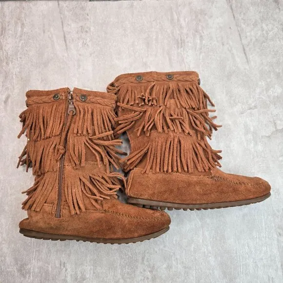 Minnetonka Fringe Boots Girl Sz 4 Chestnut Brown Suede Bohemian Western Moccasin