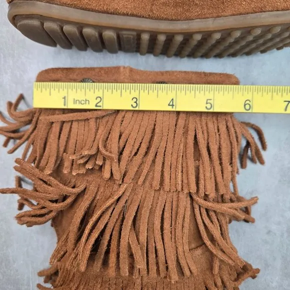 Minnetonka Fringe Boots Girl Sz 4 Chestnut Brown Suede Bohemian Western Moccasin