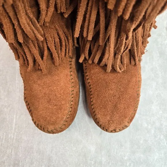 Minnetonka Fringe Boots Girl Sz 4 Chestnut Brown Suede Bohemian Western Moccasin