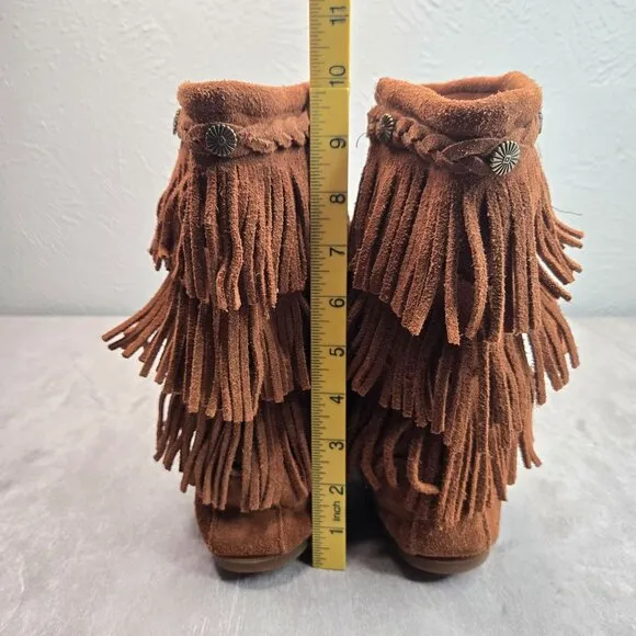 Minnetonka Fringe Boots Girl Sz 4 Chestnut Brown Suede Bohemian Western Moccasin