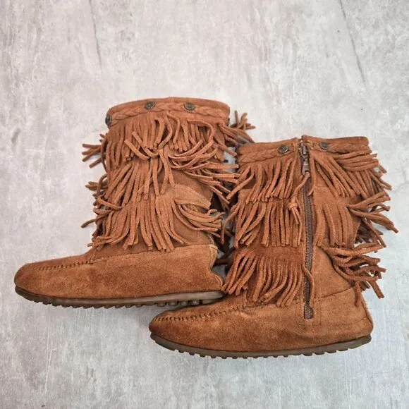 Minnetonka Fringe Boots Girl Sz 4 Chestnut Brown Suede Bohemian Western Moccasin