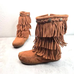 Minnetonka Fringe Boots Girl Sz 4 Chestnut Brown Suede Bohemian Western Moccasin