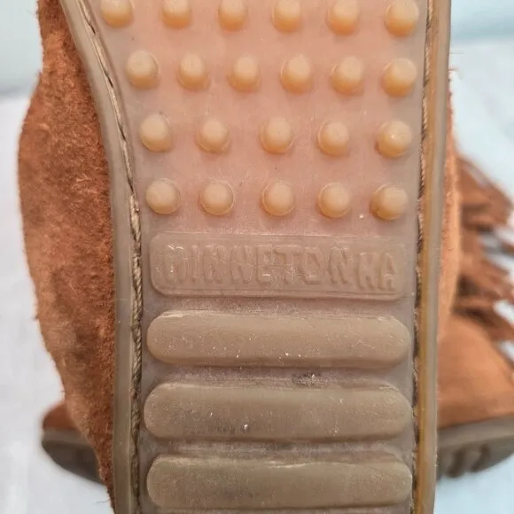 Minnetonka Fringe Boots Girl Sz 4 Chestnut Brown Suede Bohemian Western Moccasin
