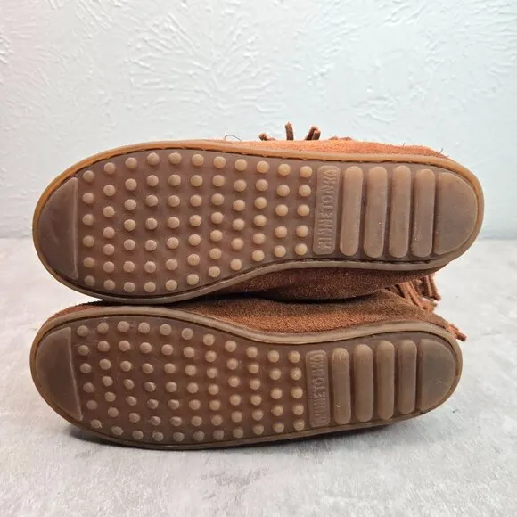 Minnetonka Fringe Boots Girl Sz 4 Chestnut Brown Suede Bohemian Western Moccasin