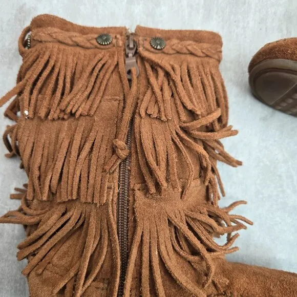Minnetonka Fringe Boots Girl Sz 4 Chestnut Brown Suede Bohemian Western Moccasin