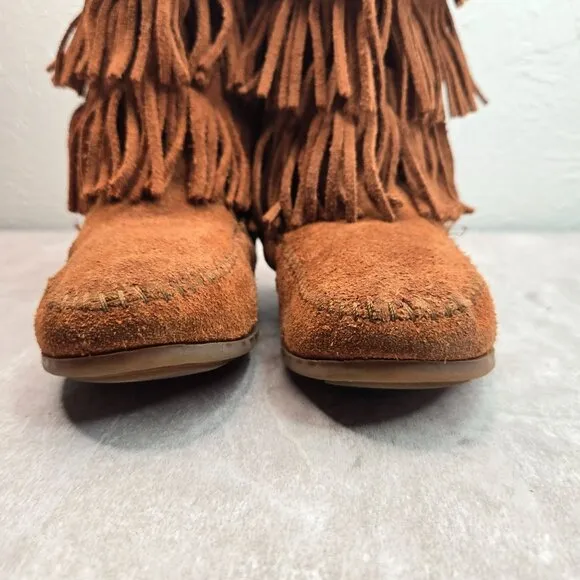 Minnetonka Fringe Boots Girl Sz 4 Chestnut Brown Suede Bohemian Western Moccasin