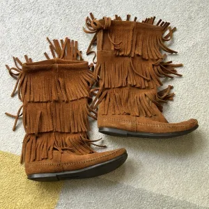 Minnetonka Tan Over the Knee Fringe Boots