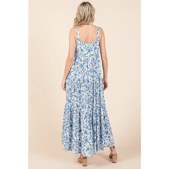 ❤️Mittoshop Flower Print Tiered Square Neck Sleeveless Empire Maxi Dress | Blue