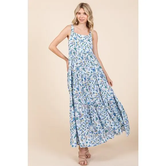 ❤️Mittoshop Flower Print Tiered Square Neck Sleeveless Empire Maxi Dress | Blue