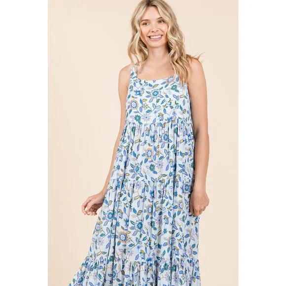 ❤️Mittoshop Flower Print Tiered Square Neck Sleeveless Empire Maxi Dress | Blue