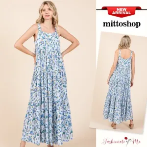 ❤️Mittoshop Flower Print Tiered Square Neck Sleeveless Empire Maxi Dress | Blue