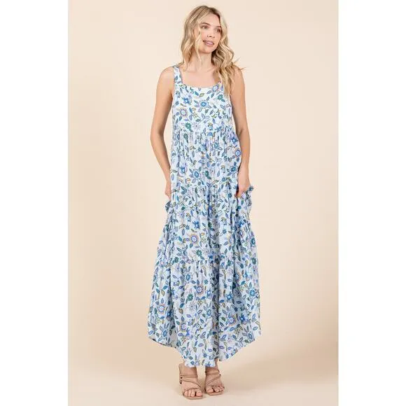 ❤️Mittoshop Flower Print Tiered Square Neck Sleeveless Empire Maxi Dress | Blue