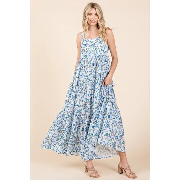 ❤️Mittoshop Flower Print Tiered Square Neck Sleeveless Empire Maxi Dress | Blue