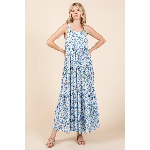 ❤️Mittoshop Flower Print Tiered Square Neck Sleeveless Empire Maxi Dress | Blue