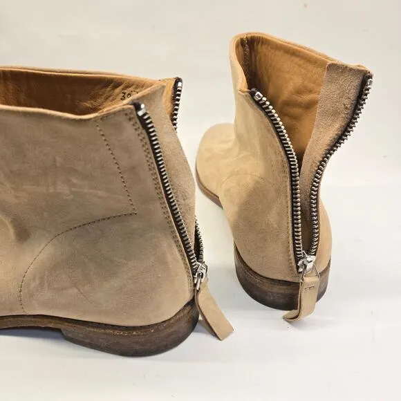 MOMA Italy Handmade Minimalist Tan Suede Leather Ankle Boots, Back Zip, EU 39