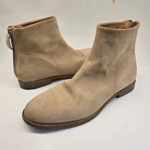 MOMA Italy Handmade Minimalist Tan Suede Leather Ankle Boots, Back Zip, EU 39