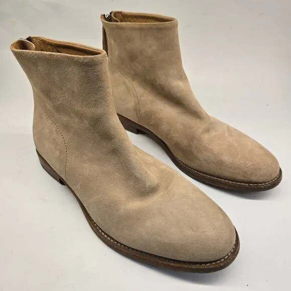 MOMA Italy Handmade Minimalist Tan Suede Leather Ankle Boots, Back Zip, EU 39