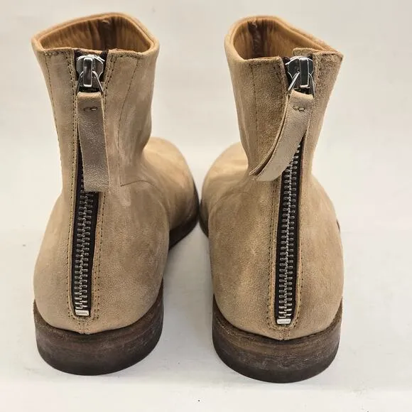 MOMA Italy Handmade Minimalist Tan Suede Leather Ankle Boots, Back Zip, EU 39