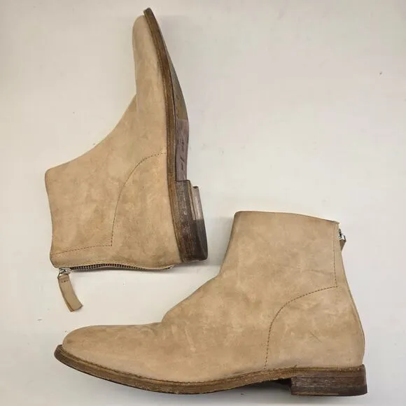 MOMA Italy Handmade Minimalist Tan Suede Leather Ankle Boots, Back Zip, EU 39