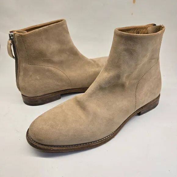 MOMA Italy Handmade Minimalist Tan Suede Leather Ankle Boots, Back Zip, EU 39