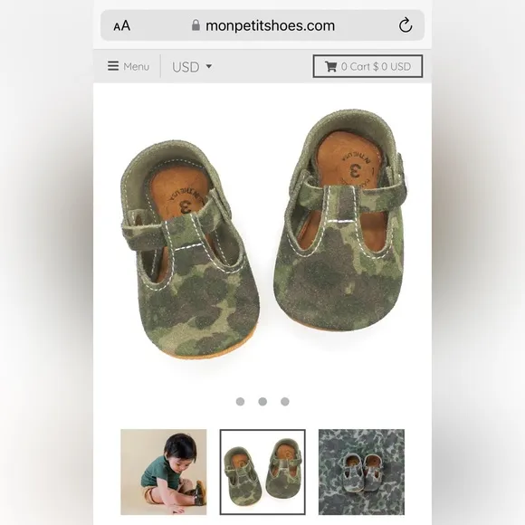 Mon Petit CAMO Camouflage Size 6 T-Strap MPs Leather Baby Handmade‎ Shoes