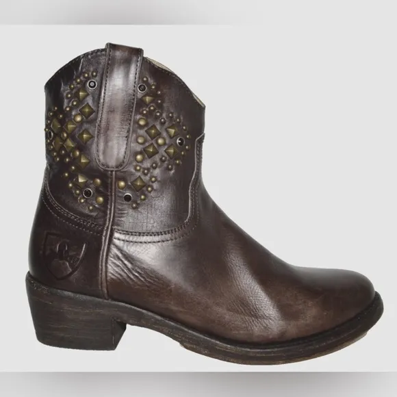 MR.WOLF NEW $270 NIB SZ 6.5 M 37 BROWN STUDDED LEATHER BIKER MOTO BOOTS BOOTIES
