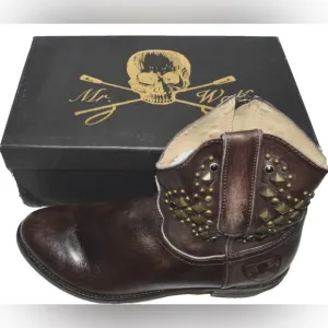 MR.WOLF NEW $270 NIB SZ 6.5 M 37 BROWN STUDDED LEATHER BIKER MOTO BOOTS BOOTIES