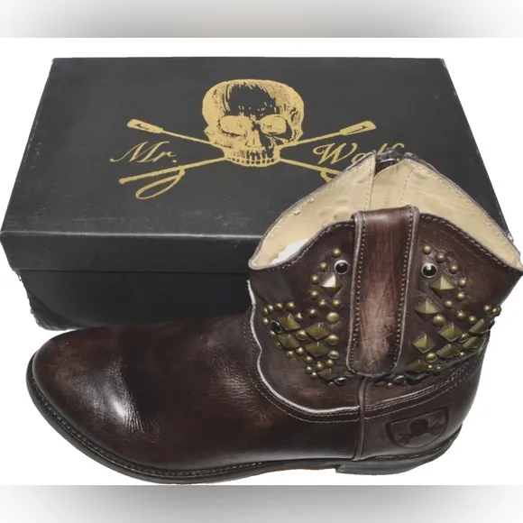 MR.WOLF NEW $270 NIB SZ 6.5 M 37 BROWN STUDDED LEATHER BIKER MOTO BOOTS BOOTIES