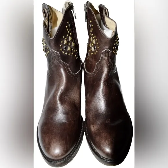 MR.WOLF NEW $270 NIB SZ 6.5 M 37 BROWN STUDDED LEATHER BIKER MOTO BOOTS BOOTIES