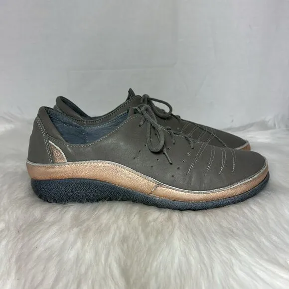 Naot Kumara Foggy Grey/Soft Gold Rose Leather Lace Up Casual Shoes Sz 40