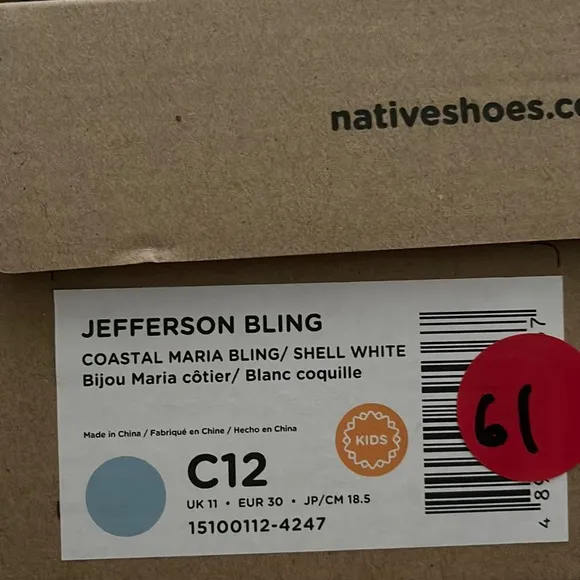 Native Shoes Jefferson Bling Blue Coastal Maria Bling Shell White Size 12