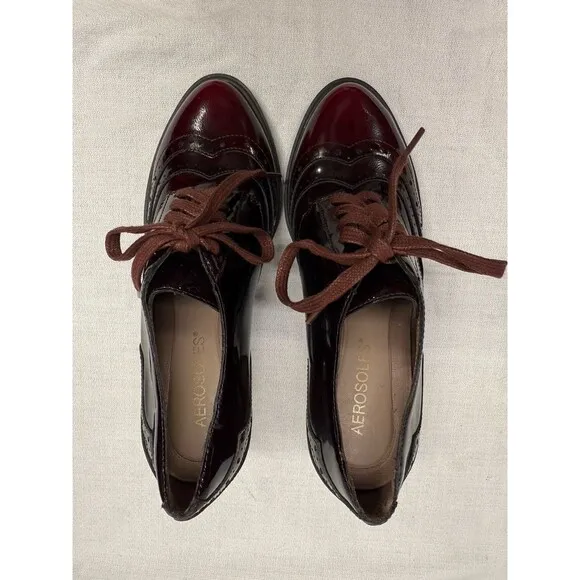 New Aerosoles Burgundy/wine Oxford Lace Up Boots Shooties heels Womens 6M Shiny