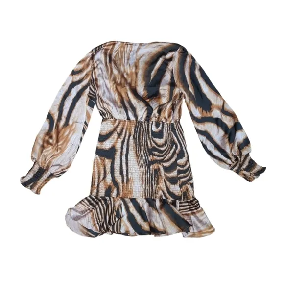 New Dress Day Brown Zebra Print Mini Smocked Dress Size L