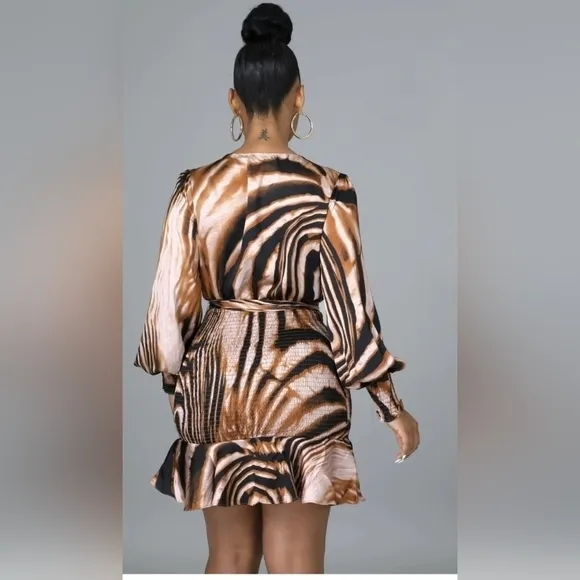 New Dress Day Brown Zebra Print Mini Smocked Dress Size L