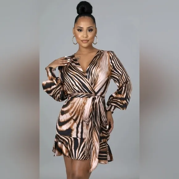New Dress Day Brown Zebra Print Mini Smocked Dress Size L