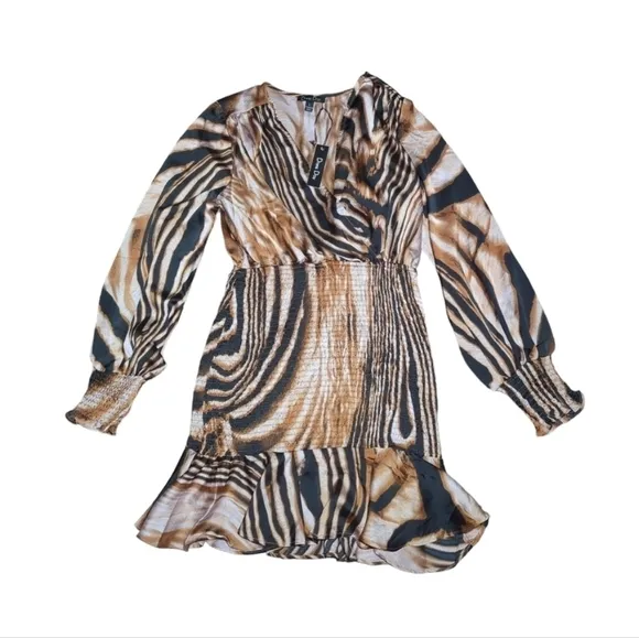 New Dress Day Brown Zebra Print Mini Smocked Dress Size L